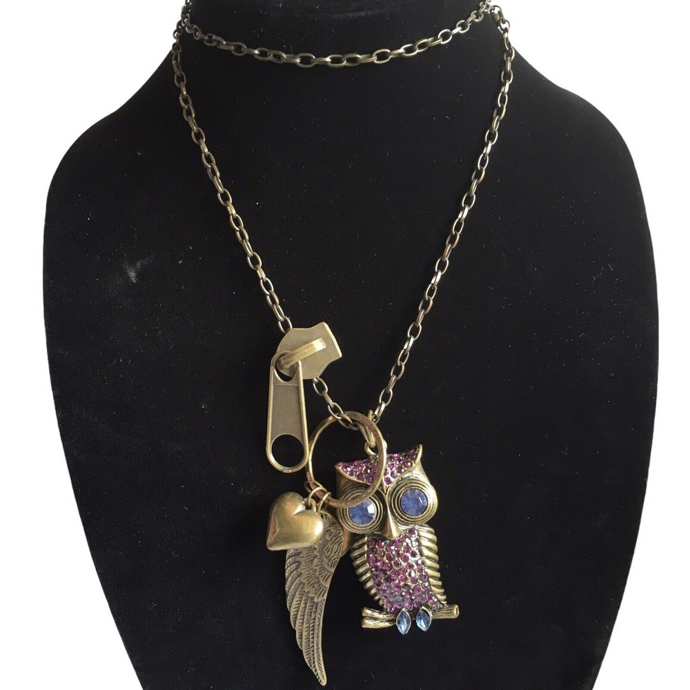 Owl Pendant Necklace Antiqued With Charms Steampunk Retro